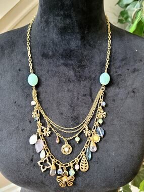 Gold Tone Multi Strand Charm Statement Necklace Butterfly Floral Boho Jewelry